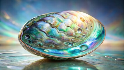 delicate abalone shell with an iridescent finish and subtle, shimmering colors in shades of pale blue and green on a translucent background, abalone shell, delicate shape