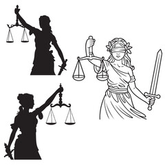 Blindfolded Lady Justice with Scales and Sword Illustration, Lady Justice Illustrations Silhouettes and Line Art, Lady Justice Illustrations Silhouette