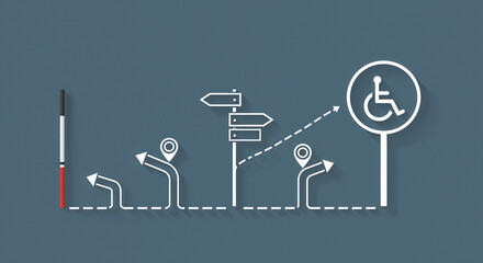 Pathway illustration with directional signs and accessibility symbol  