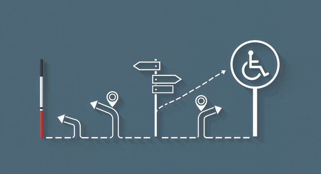 Pathway illustration with directional signs and accessibility symbol  