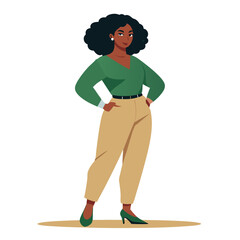 Confident African American Businesswoman Standing with Hands on Hips – Stylish Flat Vector Illustration on Transparent Background