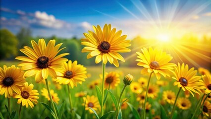 Vibrant yellow daisy-like flowers with dark centers in a lush green meadow under sunny skies on a warm summer day , vibrant, outdoors