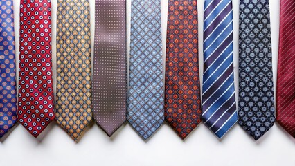 Neatly arranged silk ties in symmetrical geometric patterns on a white background, harmony, style,  harmony, style
