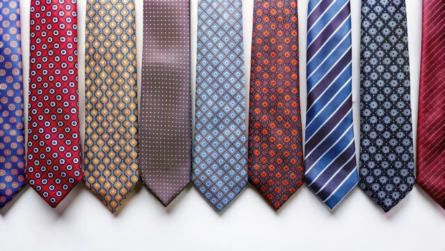Neatly arranged silk ties in symmetrical geometric patterns on a white background, harmony, style,  harmony, style