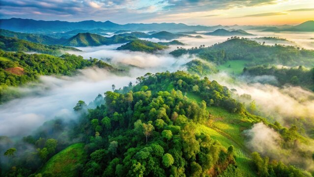 Aerial view of lush green forest with fog in Nan province, Green forests