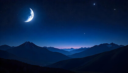 Fototapeta premium Crescent moon in a starry night sky over a mountain range, the sky is dark blue with many stars, the mountains are dark blue and black 