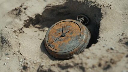 A vintage pocket watch partially buried in sandy terrain, evoking nostalgia and the passage of time - Powered by Adobe