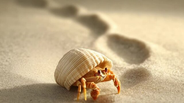 A hermit crab emerging from its shell on a sandy beach, with footprints leading into the distance