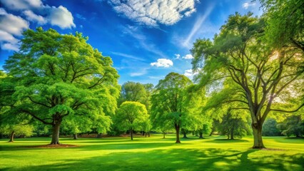 Naklejka premium Serene scene in a park with lush green trees standing tall against a bright blue sky on a sunny day amidst nature's beauty and tranquility, beautiful landscape, nature walk