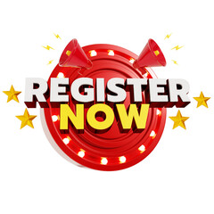 register now graphic with megaphone and coins