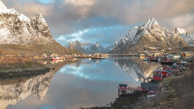 Timelapse of Reine Lofoten Islands Norway at sunrise in winter