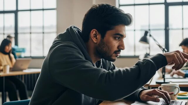 Focused man student using laptop computer in modern classroom, collaborating on a project or working on remote learning. Group study footage.