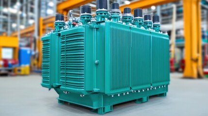 Large industrial transformer in a factory with yellow beams and machinery in the background.