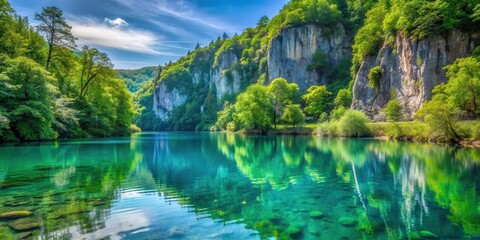 Obraz premium Serene turquoise water reflecting lush greenery and towering limestone cliffs in a stunning Plitvice lake scene, touristic spot , reflective waters