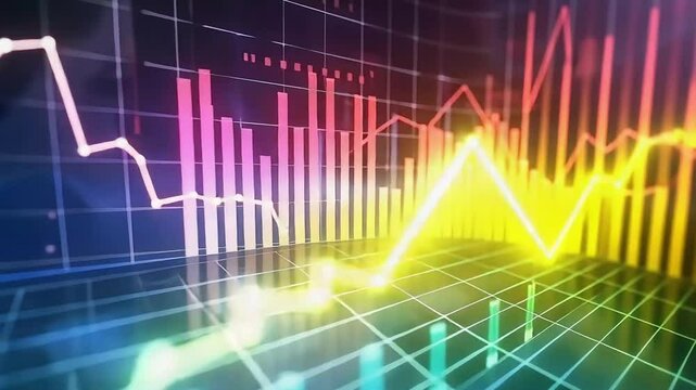 Colorful financial charts and graphs showing fluctuating data