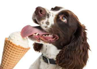 A brown and white springer spaniel dog licking a vanilla ice cream cone on a black background