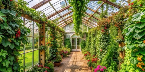 Greenhouse vines crawling up trellis, lush foliage and flowers, vines, flora,  vines, flora, greenery,greenhouse, garden