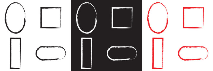 Brush frame rough  box shape set. Text box frame rough grunge style.  paint shape element. Hand drawn texture grunge brush  text border.  Vector illustration. isolated on white and black background. 