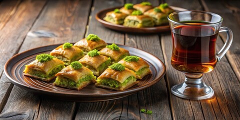 Pistachio Antep Baklava with Turkish Black Tea on Rustic Table , pastry, food on table,  pastry