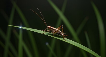 Closeup of a Bush Cricket on a Blade of Grass in Lush Green Meadow