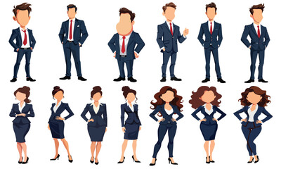 Obraz premium Faceless cartoon business characters, male and female executives in suits, full body vector illustrations in professional poses, white background.