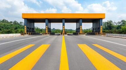 Empty toll plaza on a highway with bright yellow road markings under a partly cloudy sky.