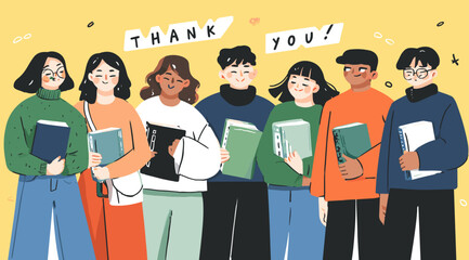 Thanks Team: A diverse group of smiling individuals holding books together, a gesture of gratitude and appreciation, against a vibrant backdrop of unity. 