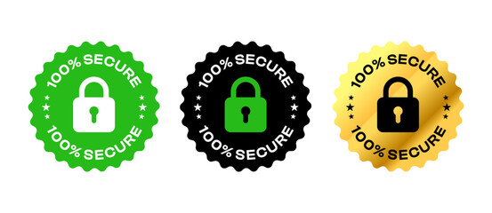 100 percent secure badge with lock and key icon. For logo, circle, label, seal, symbol, botton, tag, sign, badge, stamp, sticker, emblem, banner. Vector Illustration