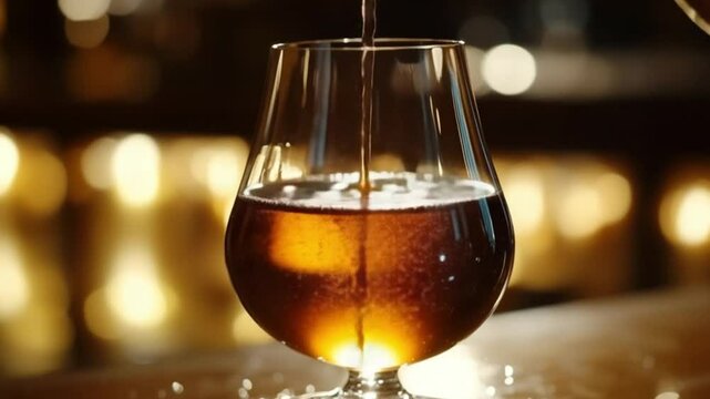 Pouring a rich amber drink into a snifter glass, with a softly lit bar background creating a warm ambiance