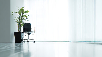 Minimalist office corner with ergonomic chair and plant, conveying modern simplicity and calm productivity.