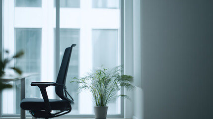 Minimalist office corner with ergonomic chair and plant, conveying modern simplicity and calm productivity.