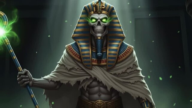 A skeletal mummy pharaoh king with glowing green eyes holding a magical staff in a dark tomb. Ancient egyptian undead monster for horror game.