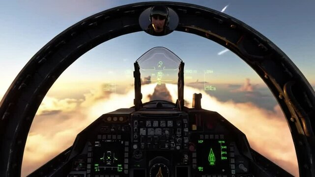 POV cockpit view of a fighter jet flying through sunrise clouds, targeting enemy aircraft using a futuristic HUD, with missile lock-on, launch, and heat-seeker effects.