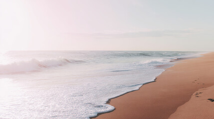 Smooth sandy beach with abstract waves, soft morning light, minimalist serenity