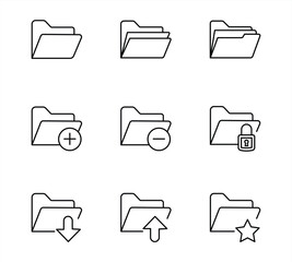 folder flat line icon set. File catalog, document search, Minimal sign outline for website. Editable stroke.