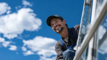 Window cleaner smiling while working on high rise building under bright blue sky with fluffy clouds. scene conveys sense of joy and satisfaction in his work