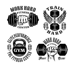 Set of gym fitness logo badge in vintage style isolated vector. Hand lifting dumbbell in vintage style