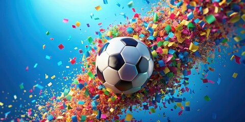 Naklejka premium Vibrant soccer ball surrounded by swirling clouds of colorful confetti against a bright blue background, colorful confetti, dynamic movement