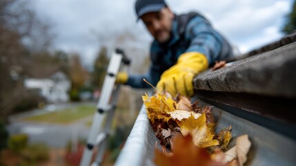 Worker in yellow gloves inspects clogged rain gutter filled with autumn leaves, demonstrating diligence and care in home maintenance. scene captures essence of seasonal upkeep and responsibility