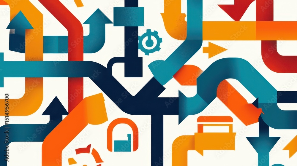 Poster Colorful arrows and symbols intertwine, depicting a complex network or workflow with a modern, abstract design.