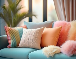 Kuschelige Kissen in Pastelltönen auf einer hellen Couch – weiche Materialien und zarte Farben im Fokus.