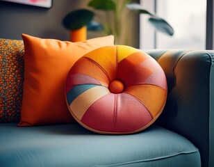 Ein rundes Kissen mit Knopfdetail auf einer strukturierten Couch – verspielte Formen treffen klare Linien.