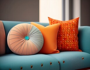 Ein rundes Kissen mit Knopfdetail auf einer strukturierten Couch – verspielte Formen treffen klare Linien.