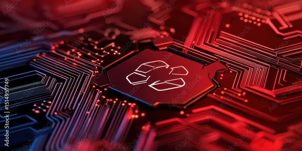 Poster a glowing circuit board with a central chip featuring a recycling symbol, highlighting technology an