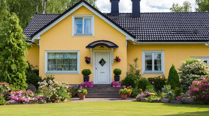 Sunny yellow house with blooming flowers, warm summer charm