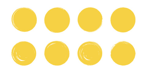 Japanese yellow circles. Japan crayon brush sun. Hand drawn Asian round set. Rough grunge frames, watercolor borders, scribbles. Ink brush Chinese paint. Calligraphy sunset icons. Isolated vector illu