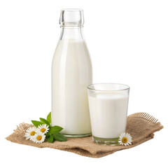 Milk in Glass: A serene scene presents a glass of creamy milk alongside a vintage glass bottle and delicate floral elements, a wholesome and refreshing visual for health and wellness.