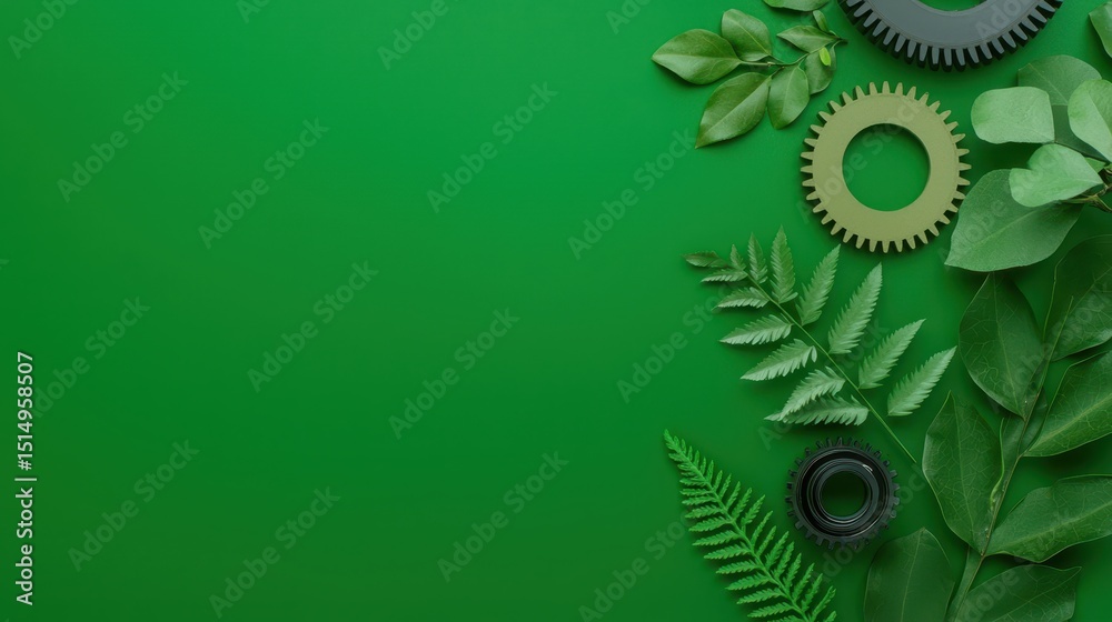 Aufkleber green leaves and metallic gears arranged on a vibrant green background, symbolizing the connection b
