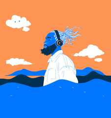 Serene Melodies: A man with dreadlocks listens to music, embodying peacefulness amidst a dynamic and colorful illustration with orange sky and blue sea.