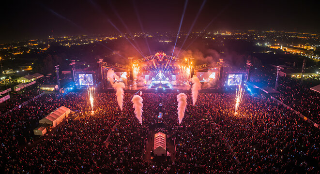 Epic Night Aerial View of Massive Concert with Fireworks and Crowd - Powered by Adobe